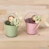 Cubo metálico verde y malva stdo.con flor y bombón pack 2